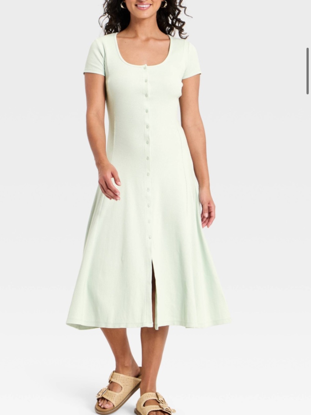Scoop Neck Button-Front Midi Dress in Light Mint